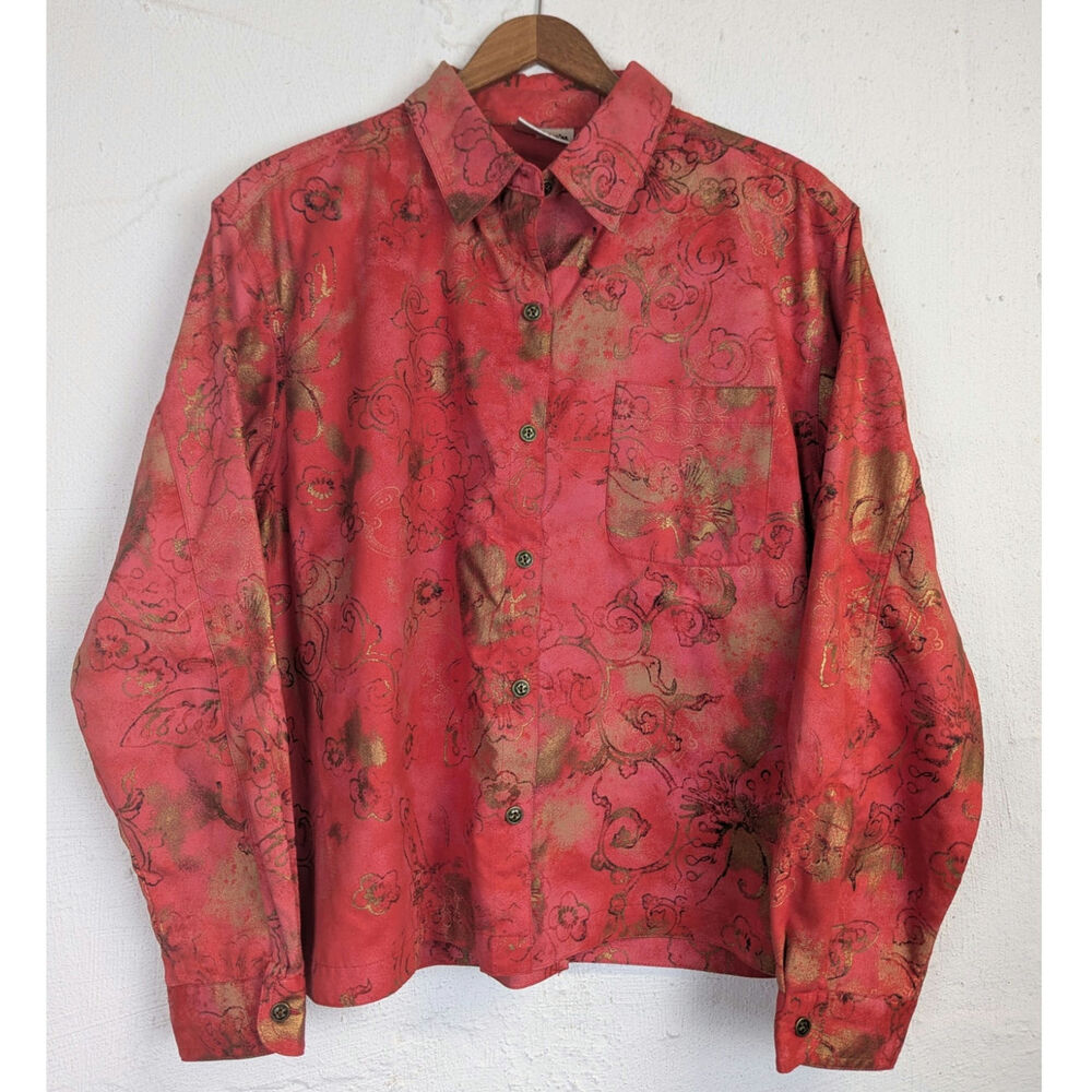 Vtg Chicos Shacket Lightweight Jacket Coral Gold Print Boxy Western Boho Large